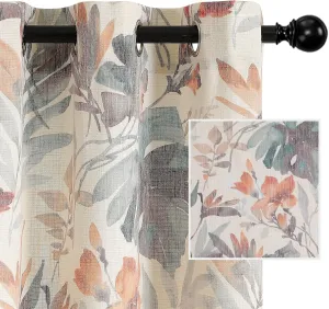 MYSKY HOME Floral Curtains 84 inches Long Printed Grommet Cotton Curtains for Living Room Bedroom Light Filtering Linen Style Curtain Burlap Effect Drape Window Treatments, 2 Panel Coral and Natural