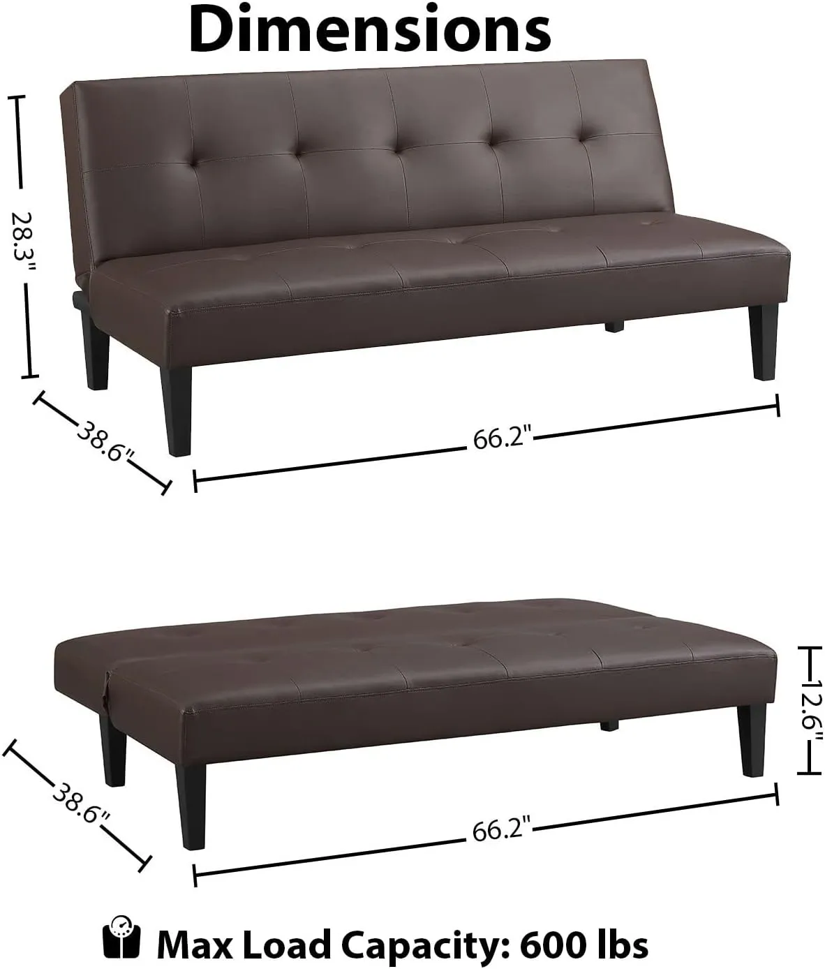 Naomi Home Button Tufted Futon Sofa Bed, Faux Leather Futon Couch, Modern Convertible Folding Sofa Bed Couch with Wooden Legs, Reclining Small Couch Bed, Futon Bed for Living Room, Dorm Espresso