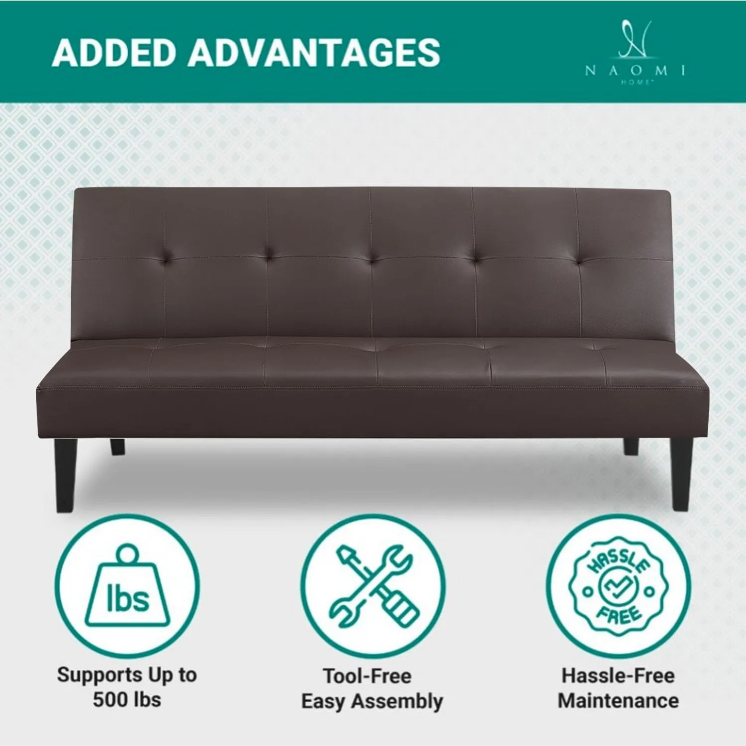 Naomi Home Button Tufted Futon Sofa Bed, Faux Leather Futon Couch, Modern Convertible Folding Sofa Bed Couch with Wooden Legs, Reclining Small Couch Bed, Futon Bed for Living Room, Dorm Espresso