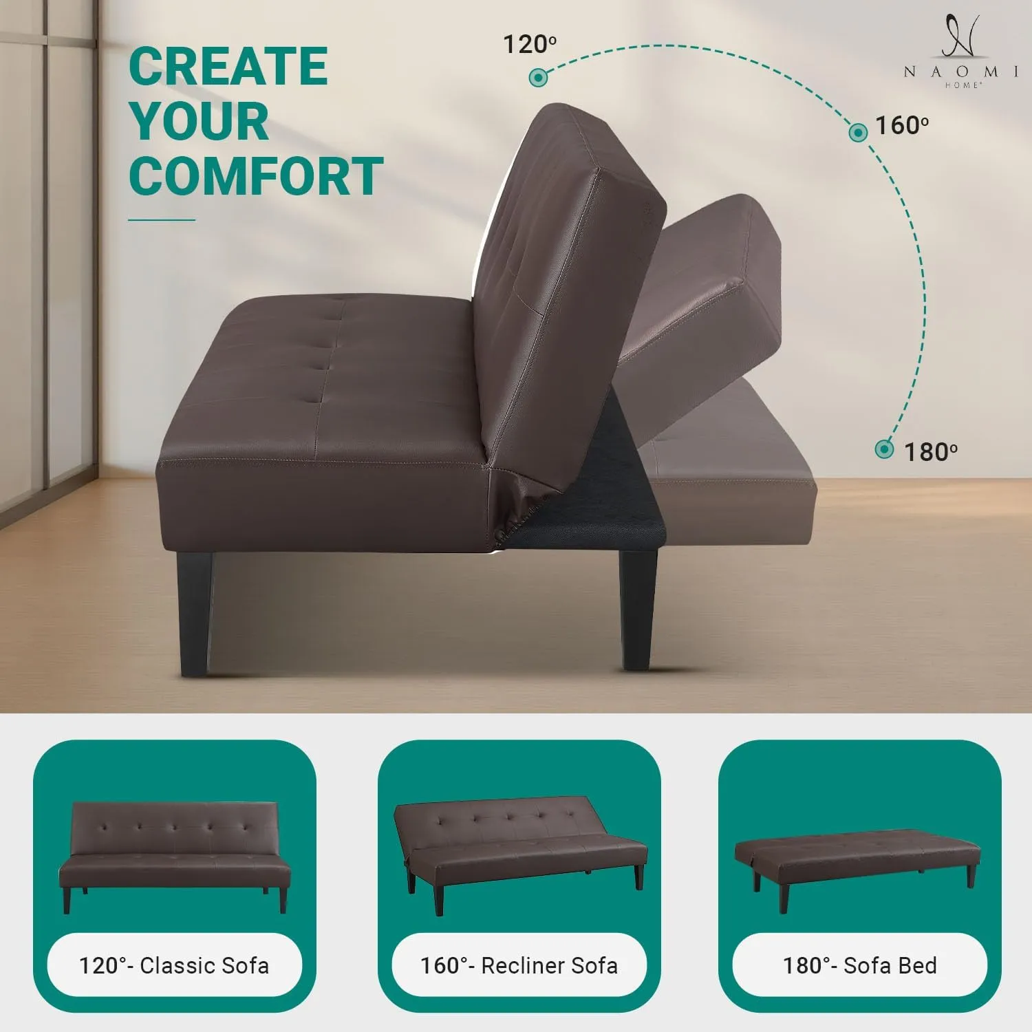 Naomi Home Button Tufted Futon Sofa Bed, Faux Leather Futon Couch, Modern Convertible Folding Sofa Bed Couch with Wooden Legs, Reclining Small Couch Bed, Futon Bed for Living Room, Dorm Espresso