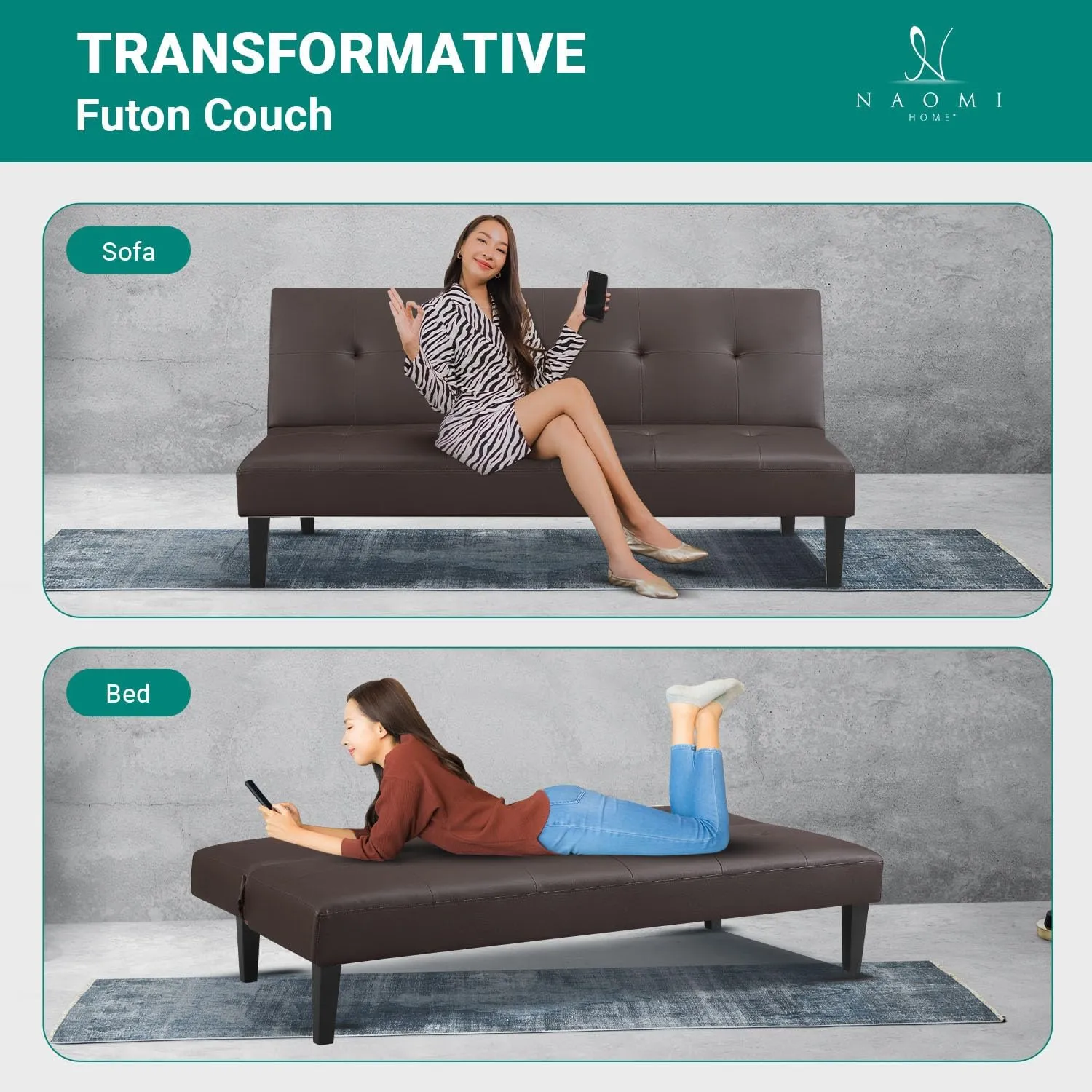 Naomi Home Button Tufted Futon Sofa Bed, Faux Leather Futon Couch, Modern Convertible Folding Sofa Bed Couch with Wooden Legs, Reclining Small Couch Bed, Futon Bed for Living Room, Dorm Espresso