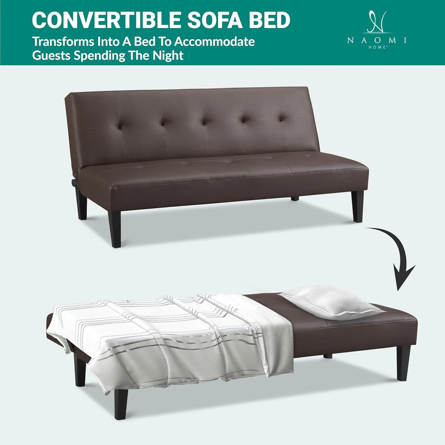 Naomi Home Button Tufted Futon Sofa Bed, Faux Leather Futon Couch, Modern Convertible Folding Sofa Bed Couch with Wooden Legs, Reclining Small Couch Bed, Futon Bed for Living Room, Dorm Espresso