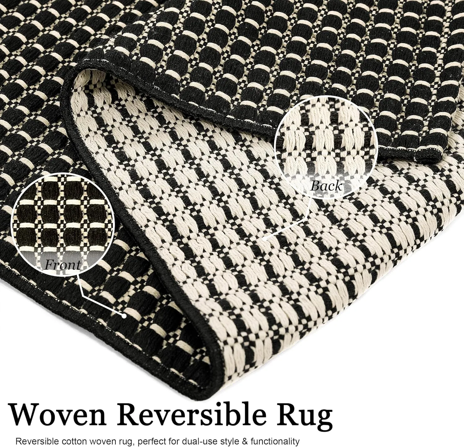Natural Cotton Woven Hallway Runner Rug 2x6 ft Washable Boho Reversible Carpet Kitchen Rugs Farmhouse Entryway Runner Rugs Indoor for Bathroom Bedroom Laundry Room, Black