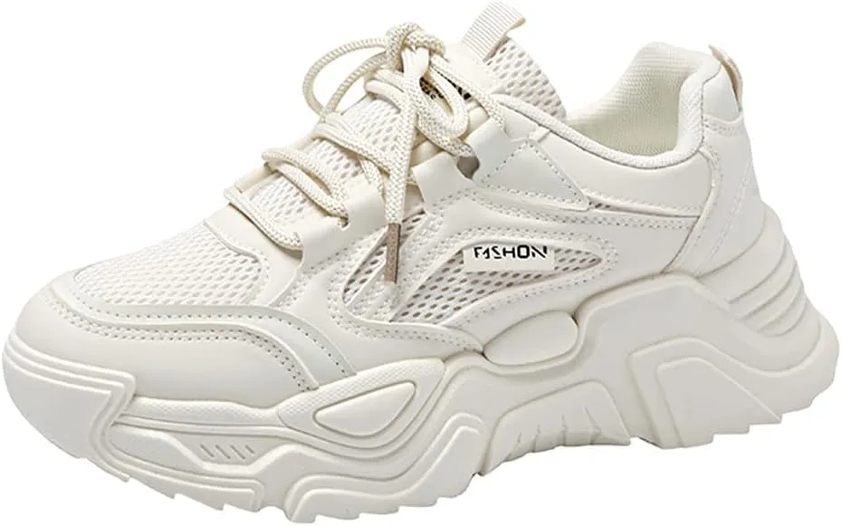 NCNDB Women's Platform Sport Sneaker Trainers Lace Up Fashion Increased Bottom Shoes Size 8 Beige