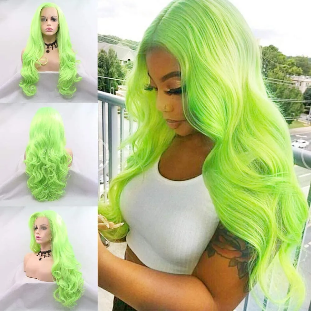 Neon Green Lace Front Wig Curly Fluorescent Green Synthetic Lace Front Wigs for Women Long Body Wave Pastel Glueless Lace Wigs Preplucked Hairline Real Hair Wig Baby Hair Daily Cosplay 24 Inch