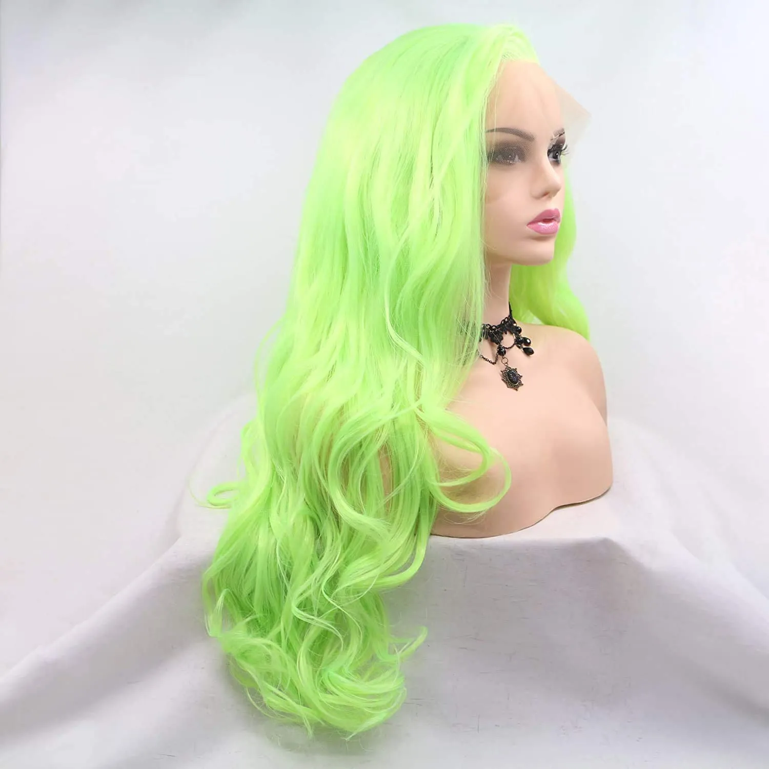 Neon Green Lace Front Wig Curly Fluorescent Green Synthetic Lace Front Wigs for Women Long Body Wave Pastel Glueless Lace Wigs Preplucked Hairline Real Hair Wig Baby Hair Daily Cosplay 24 Inch