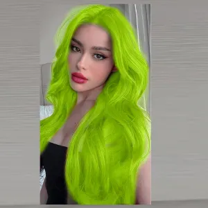 Neon Green Lace Front Wig Curly Fluorescent Green Synthetic Lace Front Wigs for Women Long Body Wave Pastel Glueless Lace Wigs Preplucked Hairline Real Hair Wig Baby Hair Daily Cosplay 24 Inch