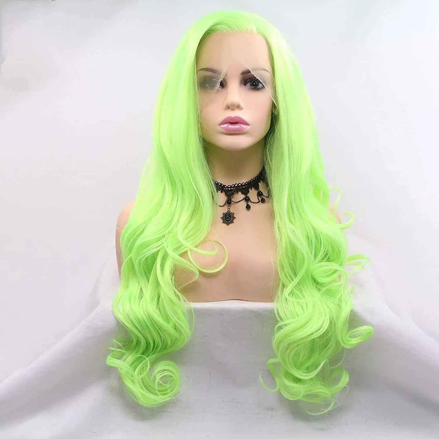 Neon Green Lace Front Wig Curly Fluorescent Green Synthetic Lace Front Wigs for Women Long Body Wave Pastel Glueless Lace Wigs Preplucked Hairline Real Hair Wig Baby Hair Daily Cosplay 24 Inch