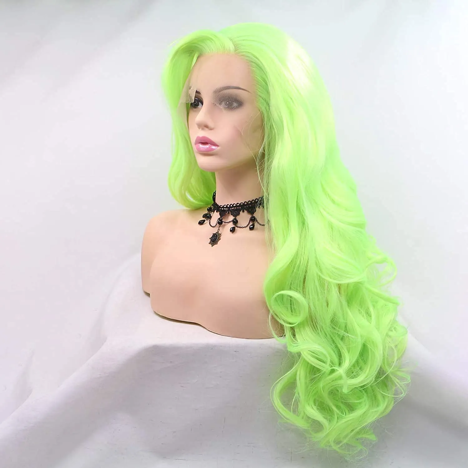 Neon Green Lace Front Wig Curly Fluorescent Green Synthetic Lace Front Wigs for Women Long Body Wave Pastel Glueless Lace Wigs Preplucked Hairline Real Hair Wig Baby Hair Daily Cosplay 24 Inch