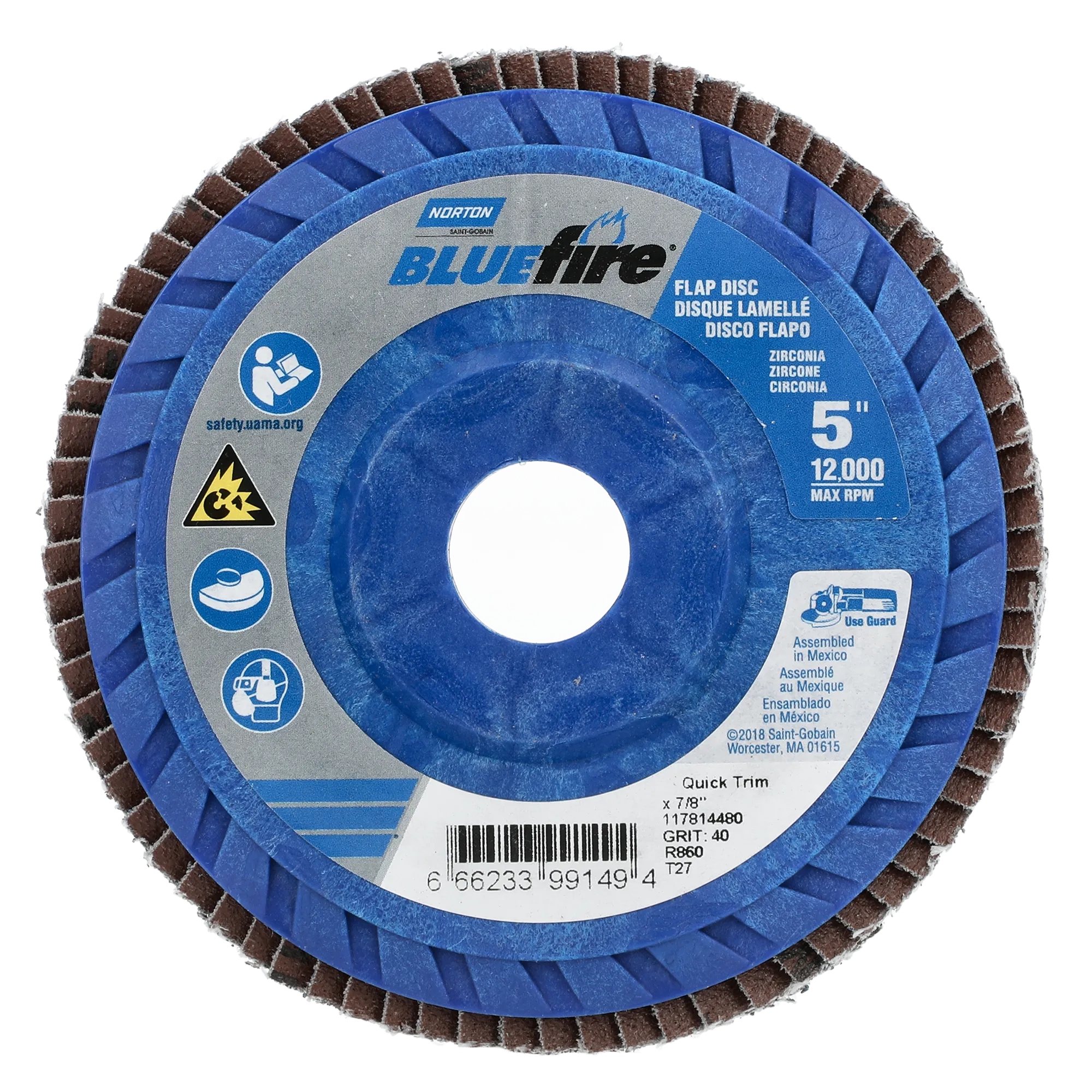 Norton 5 x 7/8 In. BlueFire Plastic Flat Flap Disc T27 P40 Grit R884P ZA 10 Count