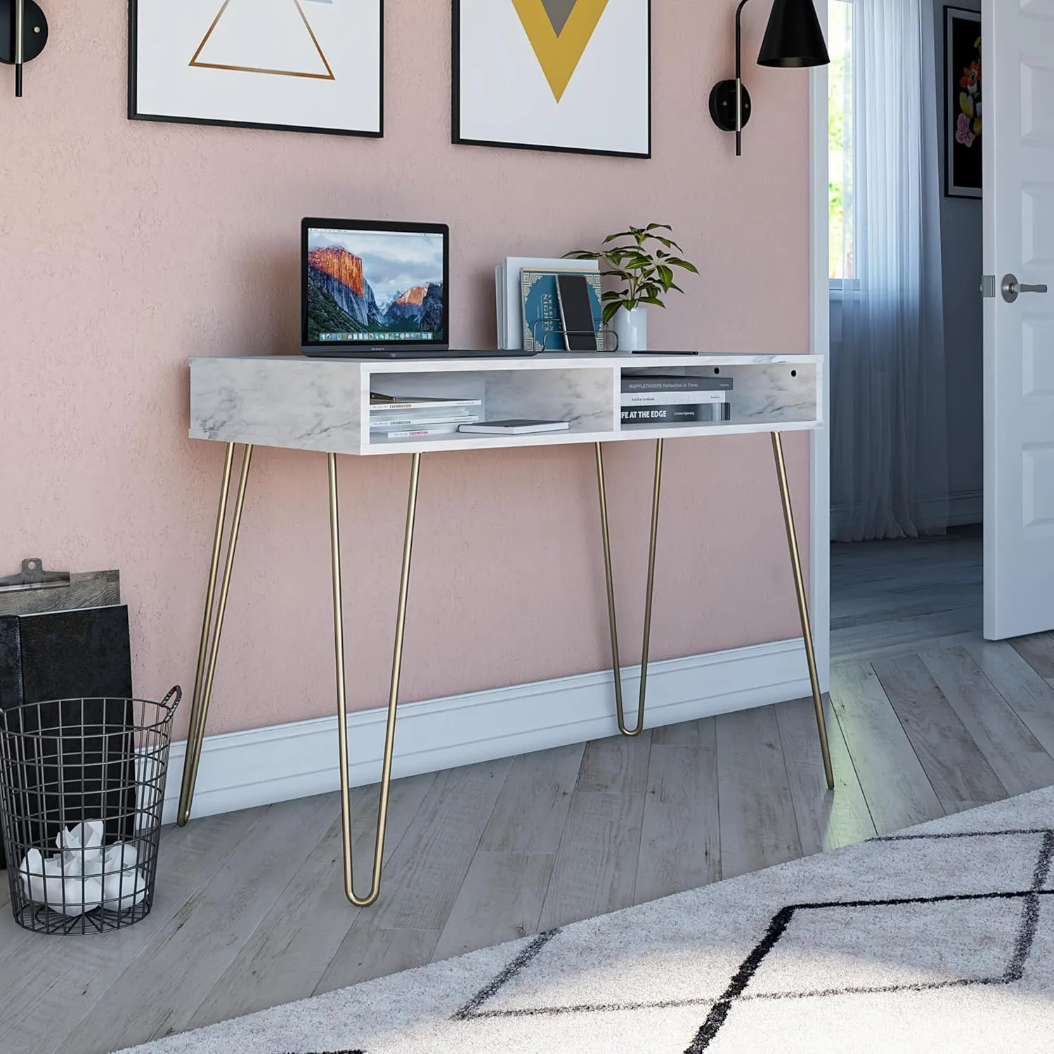 Novogratz Athena Computer Desk with Storage, White Faux Marble