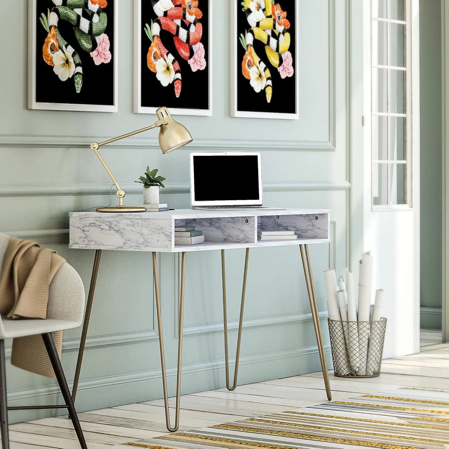 Novogratz Athena Computer Desk with Storage, White Faux Marble