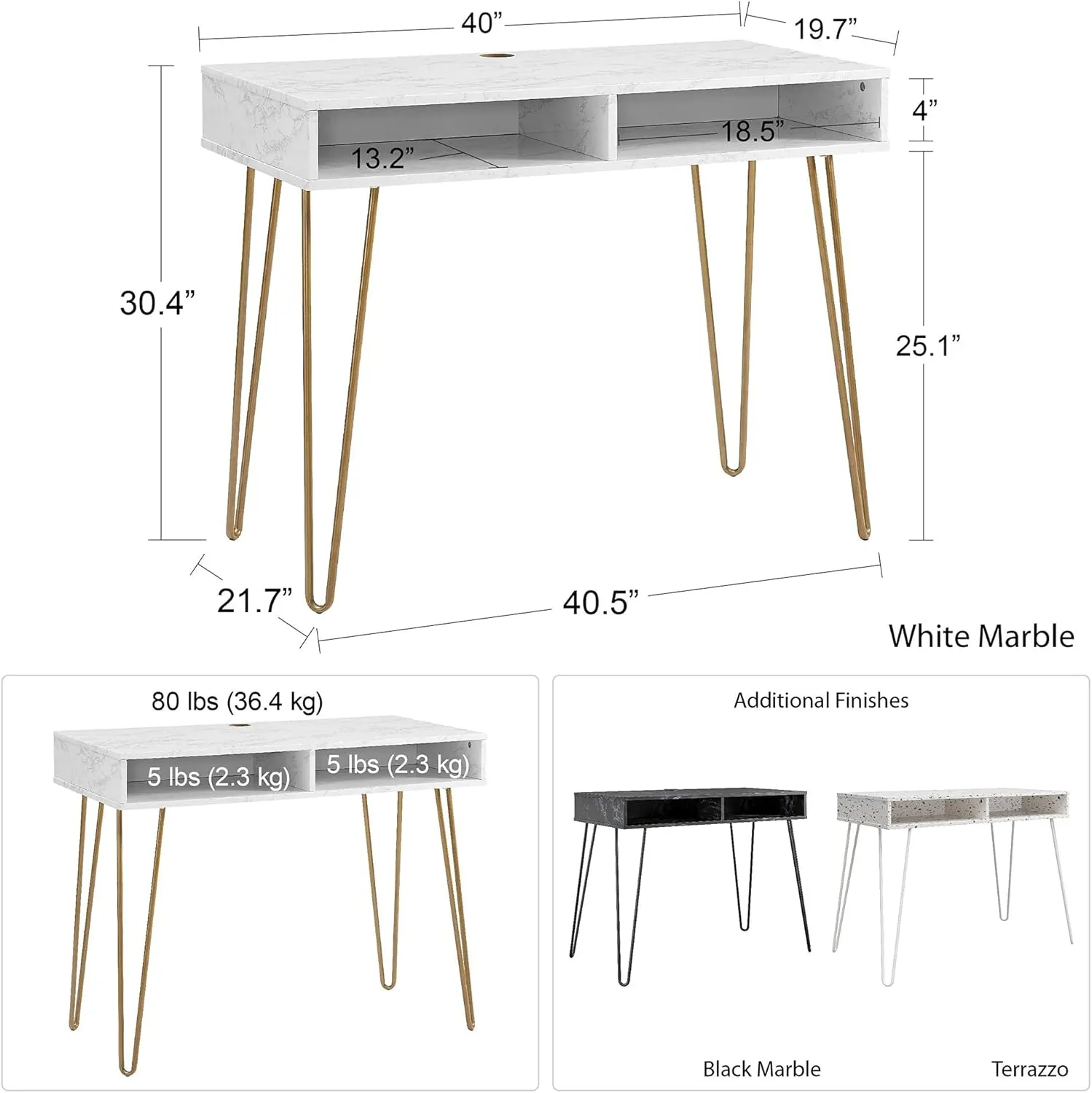 Novogratz Athena Computer Desk with Storage, White Faux Marble