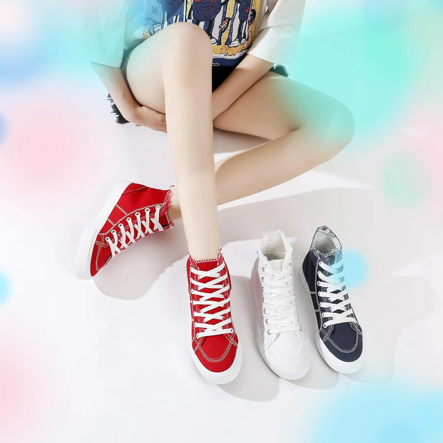 Obtaom Womens/Mens high top Canvas Shoes Play mid Calf Fashion Sneaker Casual lace up hi top Washed Canvas Shoes