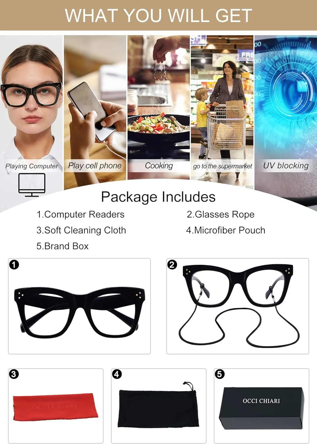 OCCI CHIARI Blue Light Blocking Glasses Fashion Readers Anti Blue Light Blocking Glasses Computer Use (Black, 0)