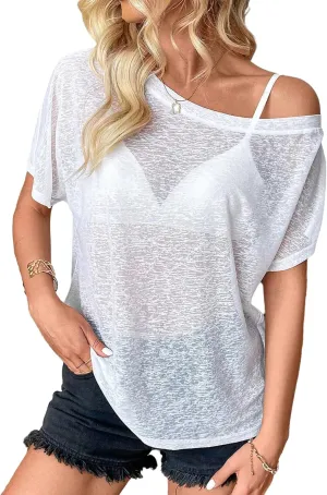 Off The Shoulder Tops for Women Sexy Mesh See Through Short Sleeve Summer Shirt