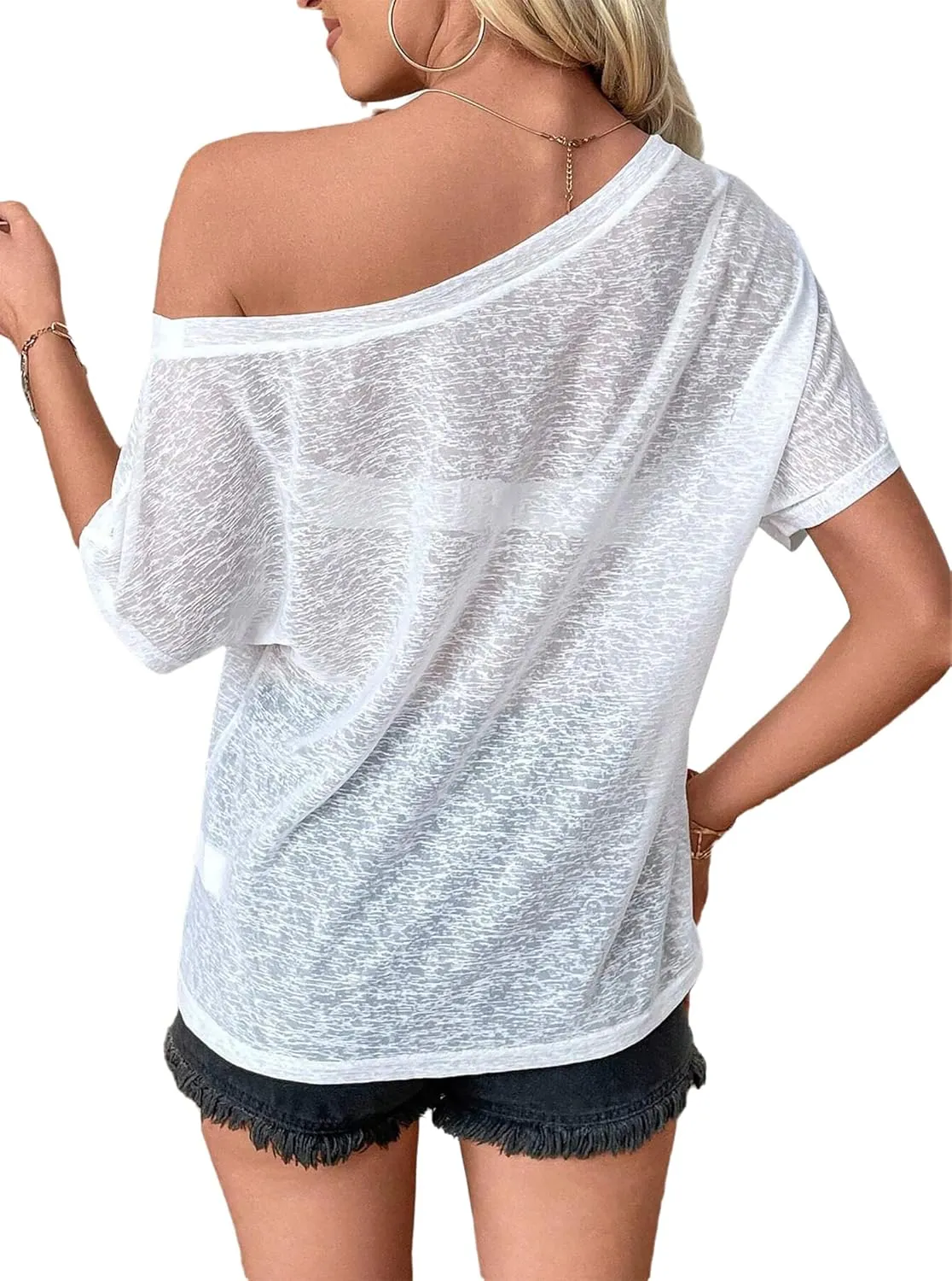Off The Shoulder Tops for Women Sexy Mesh See Through Short Sleeve Summer Shirt