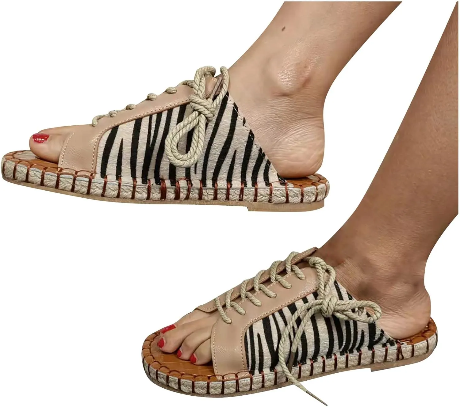 oiangi Beach Sandals for Women Flat Slippers Casual Summer Floral Print Open Toe Hemp Rope Straps Lace Up Platform Shoes Comfortable Slide Sandalias