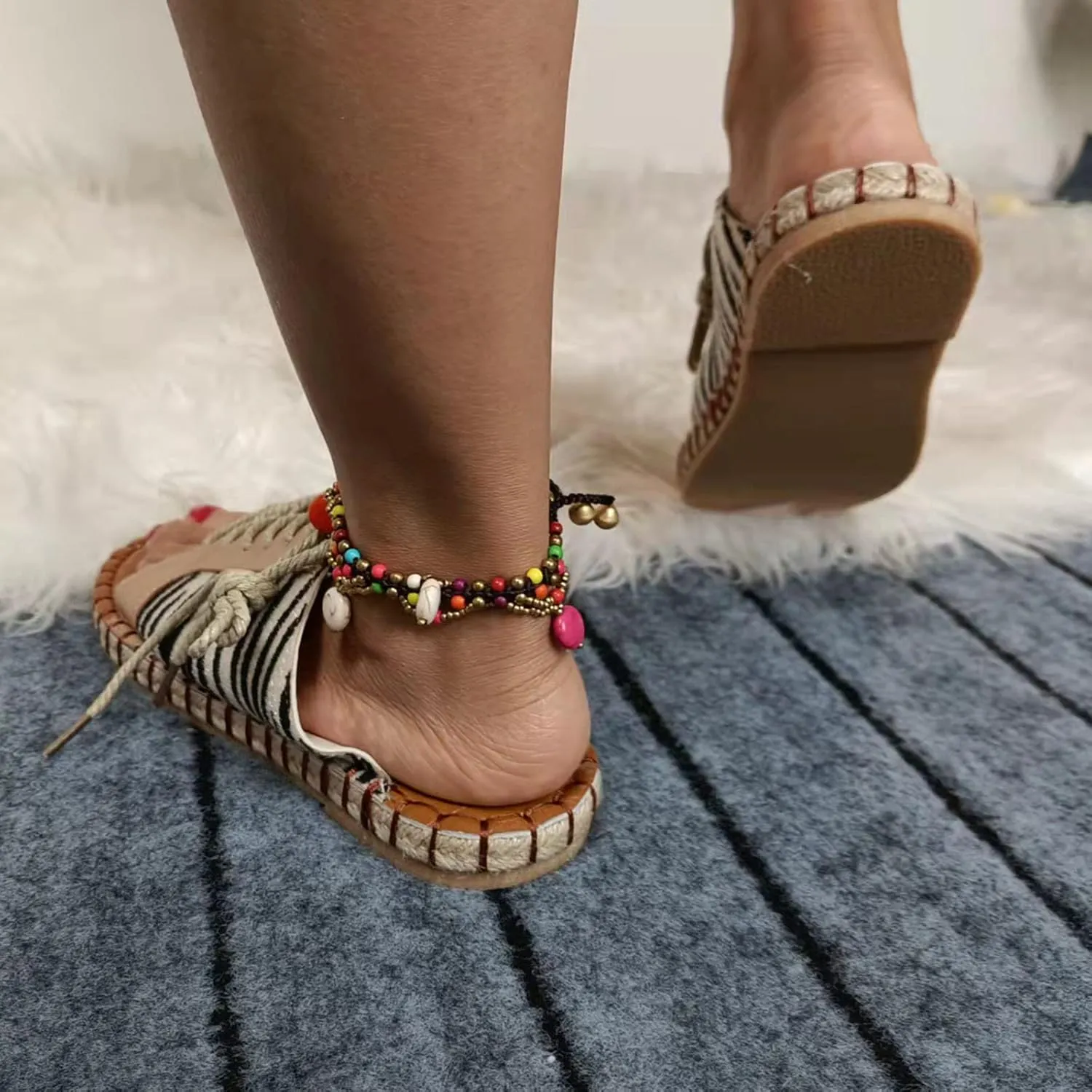 oiangi Beach Sandals for Women Flat Slippers Casual Summer Floral Print Open Toe Hemp Rope Straps Lace Up Platform Shoes Comfortable Slide Sandalias