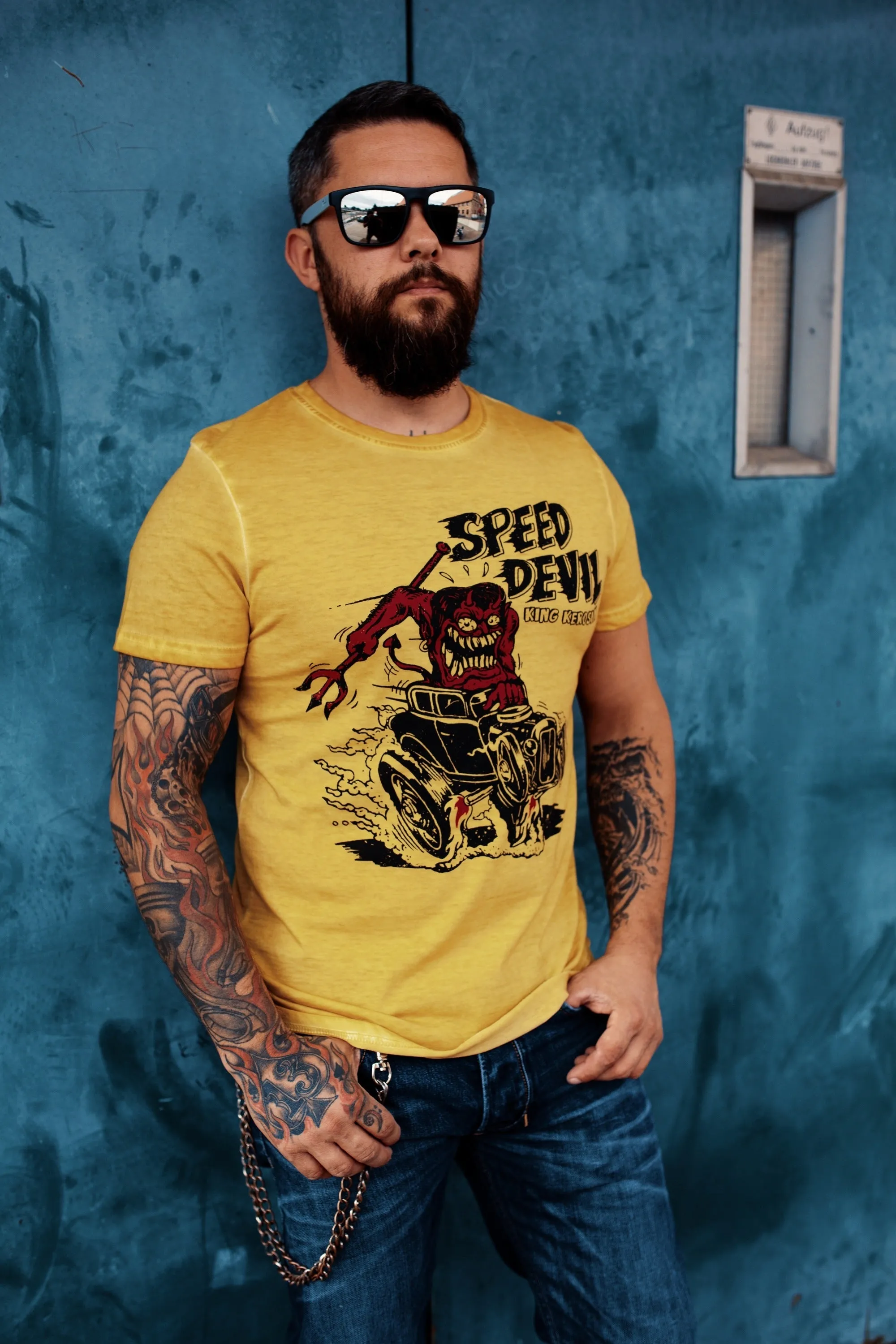 Oil Washed Shirt mit Print «Speed Devil»