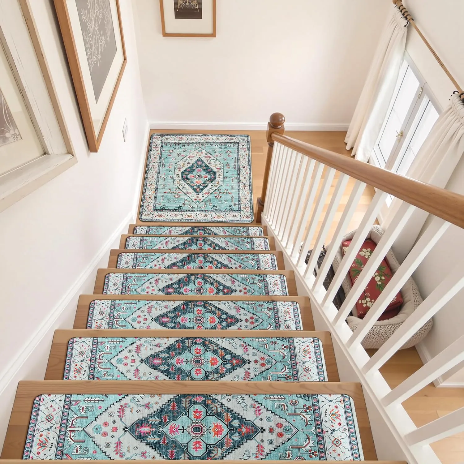 OJIA Non-Slip Stair Treads Matching Mat for Wooden Steps, Square Rubber Backing Anti-Slip Stair Carpet Landing Mat Stair Rugs 31x31 inch, Light Blue