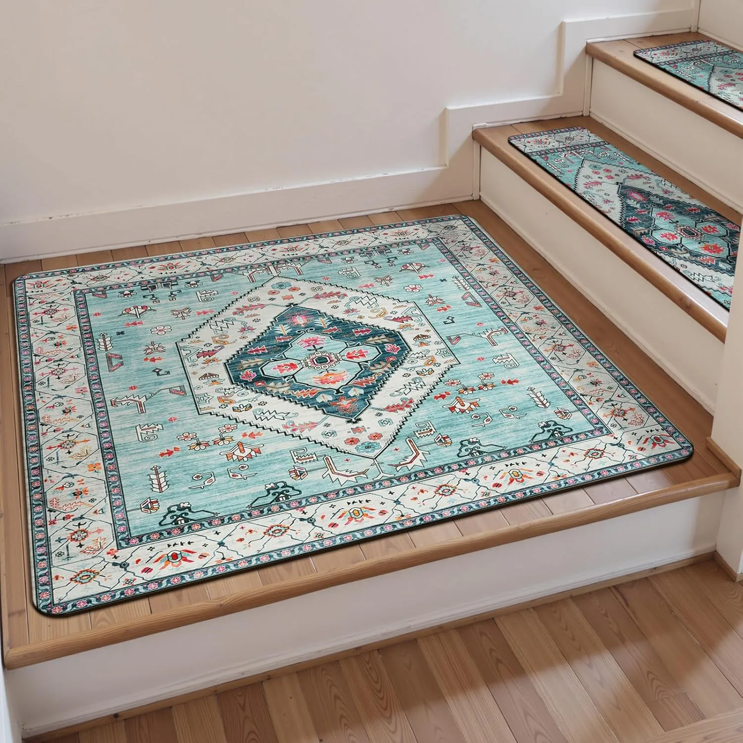 OJIA Non-Slip Stair Treads Matching Mat for Wooden Steps, Square Rubber Backing Anti-Slip Stair Carpet Landing Mat Stair Rugs 31x31 inch, Light Blue