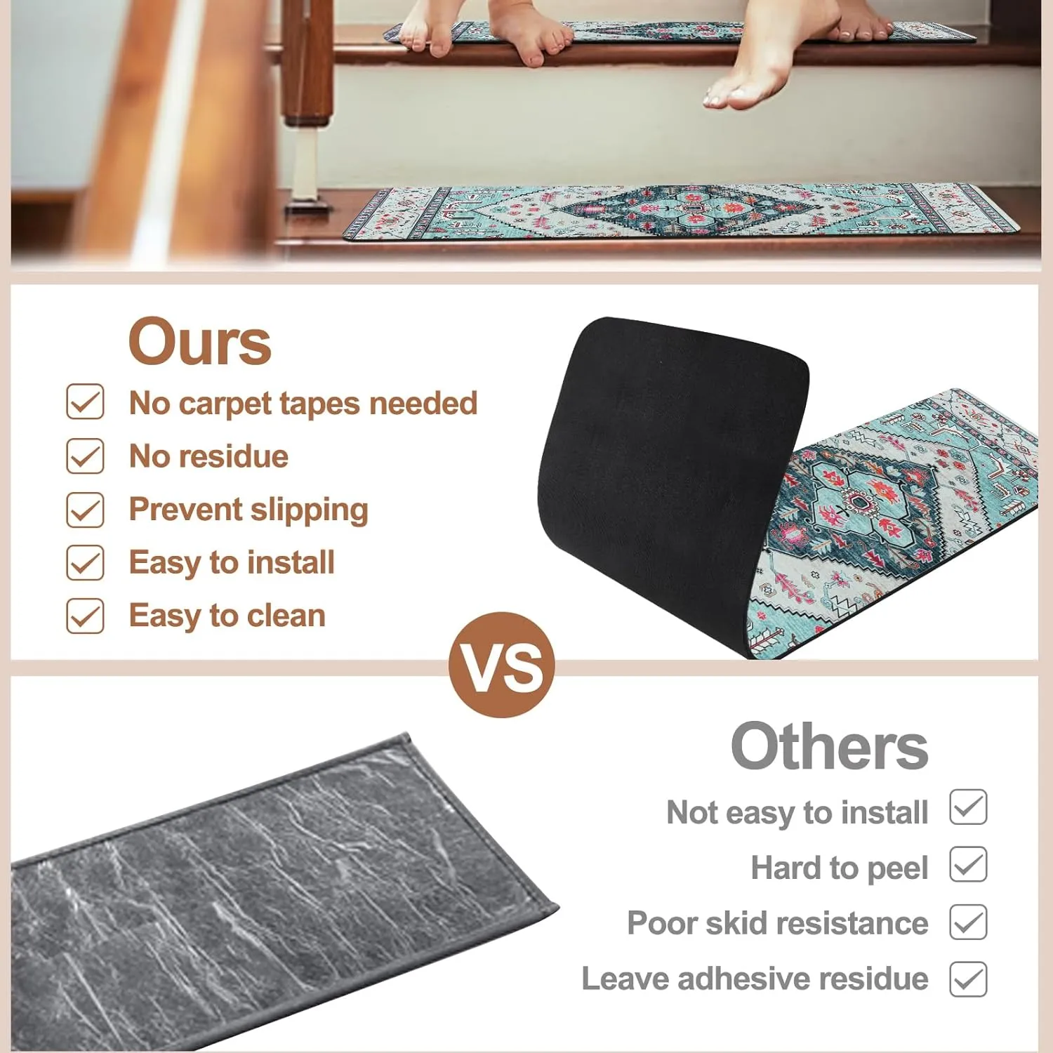 OJIA Non-Slip Stair Treads Matching Mat for Wooden Steps, Square Rubber Backing Anti-Slip Stair Carpet Landing Mat Stair Rugs 31x31 inch, Light Blue