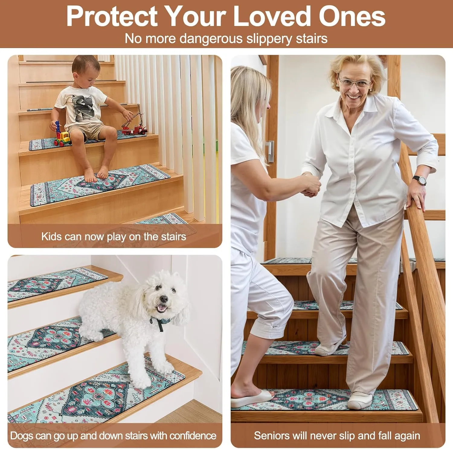 OJIA Non-Slip Stair Treads Matching Mat for Wooden Steps, Square Rubber Backing Anti-Slip Stair Carpet Landing Mat Stair Rugs 31x31 inch, Light Blue