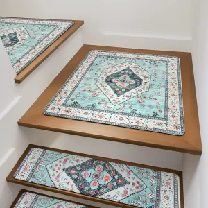 OJIA Non-Slip Stair Treads Matching Mat for Wooden Steps, Square Rubber Backing Anti-Slip Stair Carpet Landing Mat Stair Rugs 31x31 inch, Light Blue