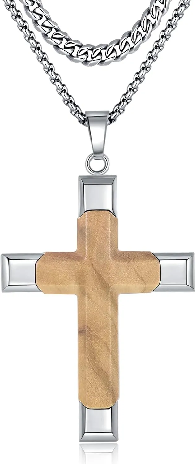 Olive Wood Cross Necklace for Men - 2 Chains, Hypoallergenic 316L Stainless Steel - Handmade Faith Jewelry Christian Gift, Catholic, Baptism, Confirmation