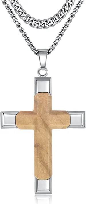 Olive Wood Cross Necklace for Men - 2 Chains, Hypoallergenic 316L Stainless Steel - Handmade Faith Jewelry Christian Gift, Catholic, Baptism, Confirmation