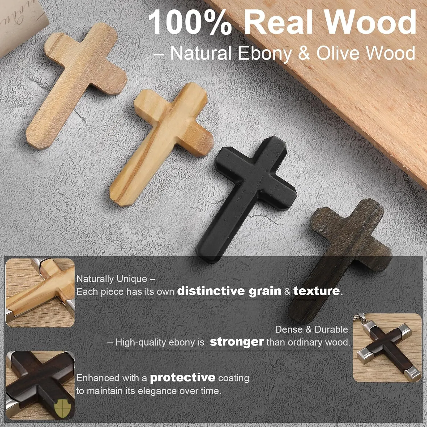 Olive Wood Cross Necklace for Men - 2 Chains, Hypoallergenic 316L Stainless Steel - Handmade Faith Jewelry Christian Gift, Catholic, Baptism, Confirmation