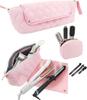 Onism Hair Tools Travel Bag with Heat Resistant Mat for Straighteners, Flat Iron, Curling Iron, Hot Air Brush, Haircare Accessories and Hair Dryer, 2-in-1 design, Portable Organizer(Pink)