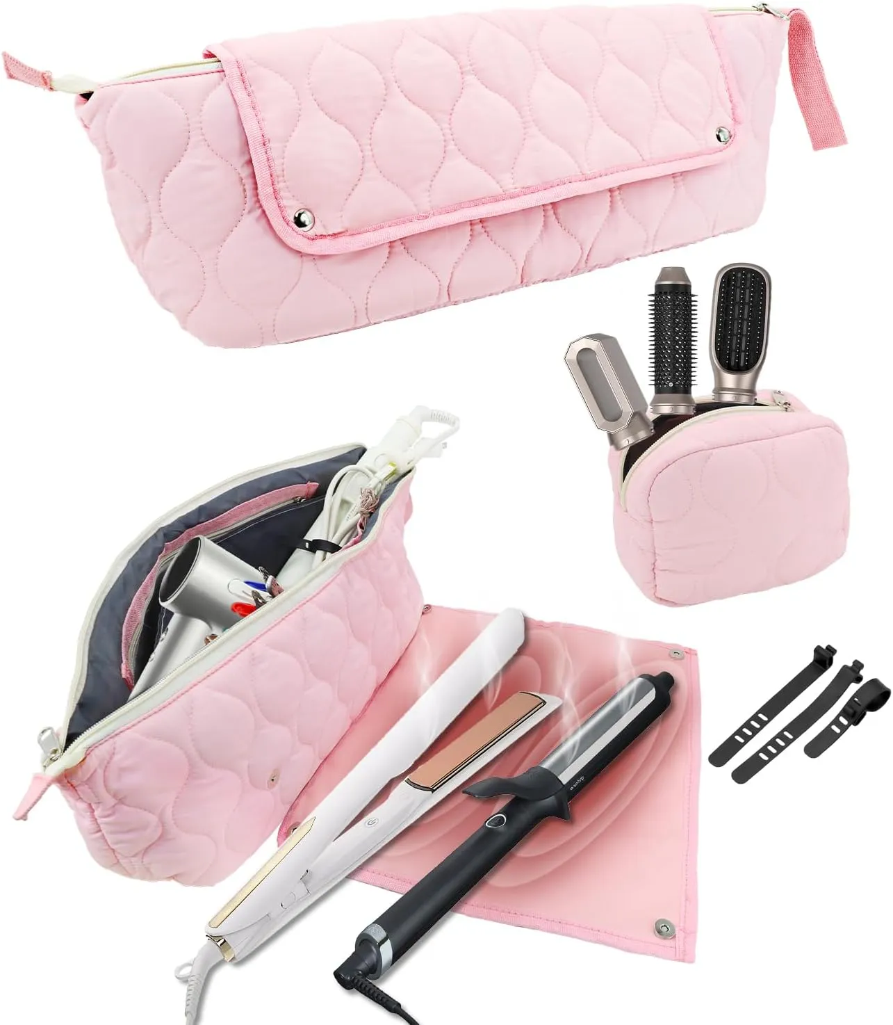 Onism Hair Tools Travel Bag with Heat Resistant Mat for Straighteners, Flat Iron, Curling Iron, Hot Air Brush, Haircare Accessories and Hair Dryer, 2-in-1 design, Portable Organizer(Pink)