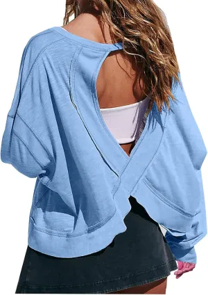 Open Back Tops for Women Trendy Long Sleeve Workout Shirts Backless Gym Yoga Athletic T-shirt Running Crop Tee Top