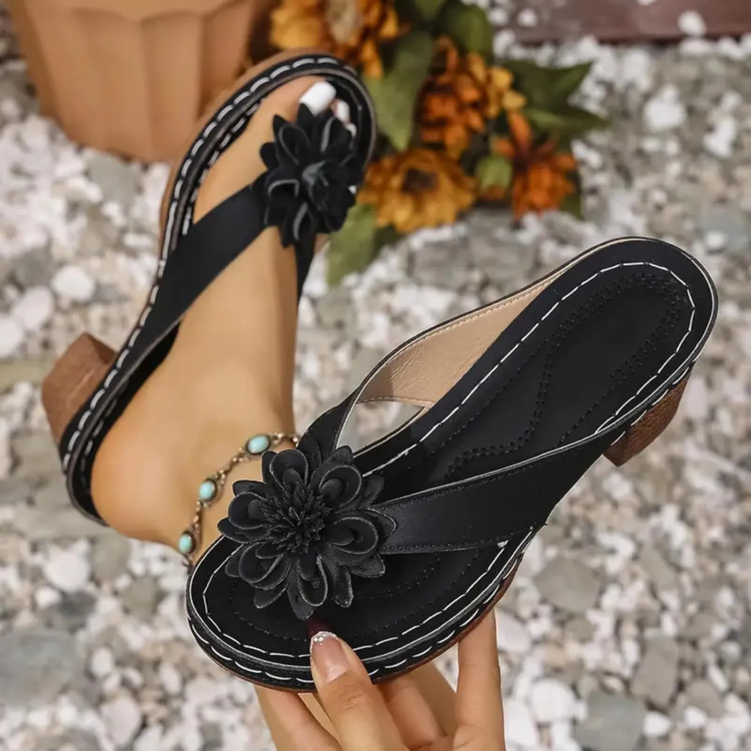 Open Toe Sandals for Women Fashionable Herringbone Slippers Wedge Heel Toe Fish Mouth Slippers Flower Open
