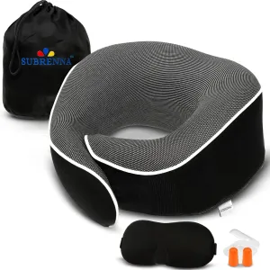 Orthopedic Neck Pillow with 100% Memory Foam | 360°Adjustable Wrap Around Neck Pillow for Chin & Neck Support | Washable & Breathable Plane Pillow for Traveling with Eyemask, Earplug & Carry Bag