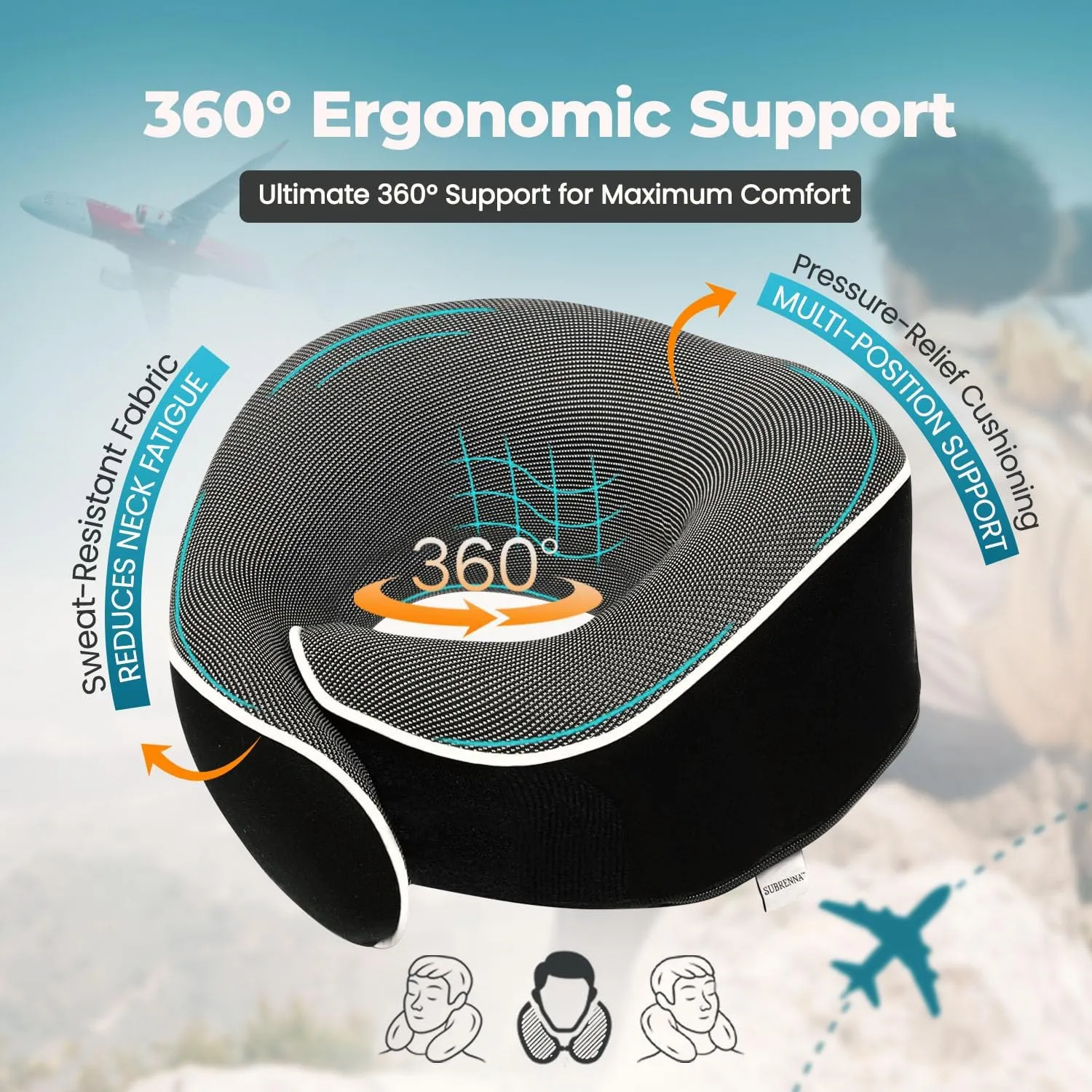 Orthopedic Neck Pillow with 100% Memory Foam | 360°Adjustable Wrap Around Neck Pillow for Chin & Neck Support | Washable & Breathable Plane Pillow for Traveling with Eyemask, Earplug & Carry Bag