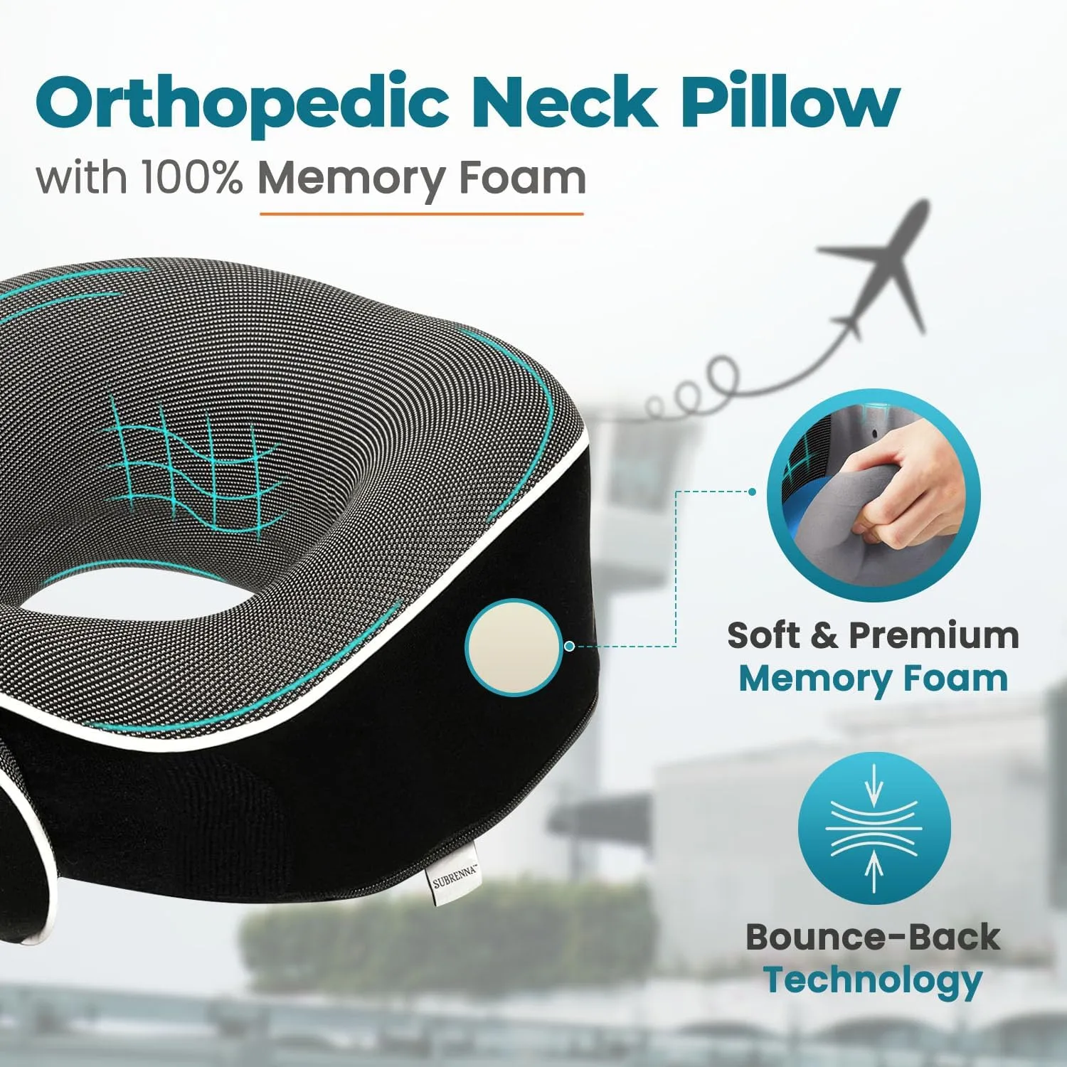 Orthopedic Neck Pillow with 100% Memory Foam | 360°Adjustable Wrap Around Neck Pillow for Chin & Neck Support | Washable & Breathable Plane Pillow for Traveling with Eyemask, Earplug & Carry Bag