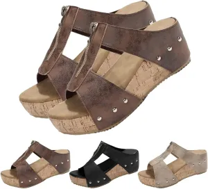 Orthopedic Zipper Thick Sole Wedge Slippers, Women's Thick Sole Comfy Leather Wedge Non-slip Summer Sandals, Cork Wedges & Platform Slides