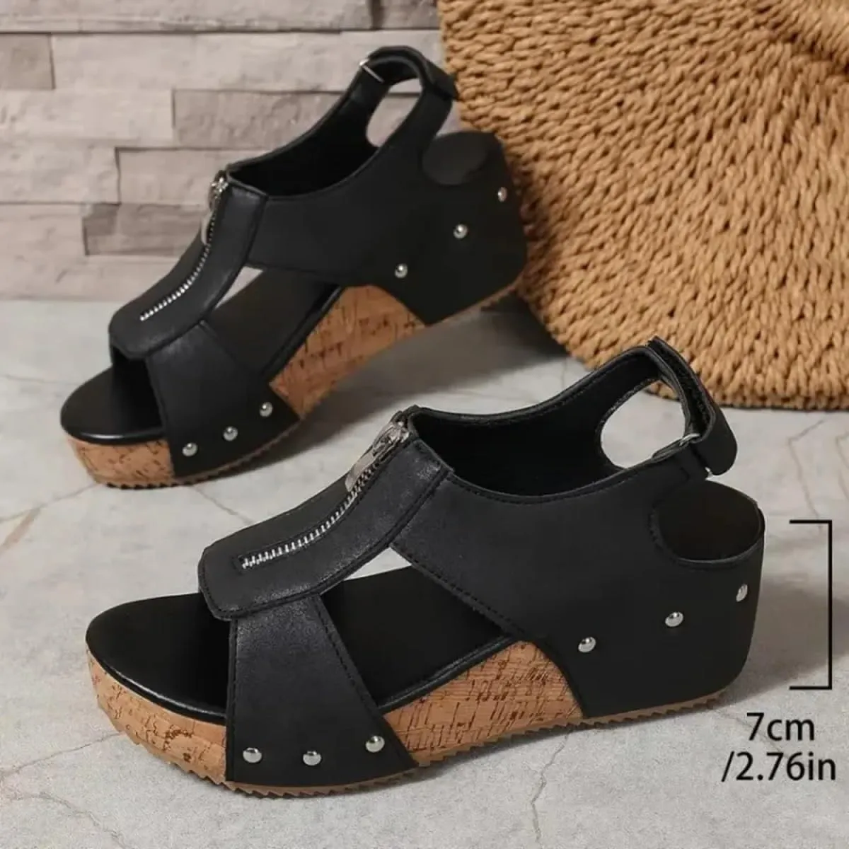 Orthopedic Zipper Thick Sole Wedge Slippers, Women's Thick Sole Comfy Leather Wedge Non-slip Summer Sandals, Cork Wedges & Platform Slides
