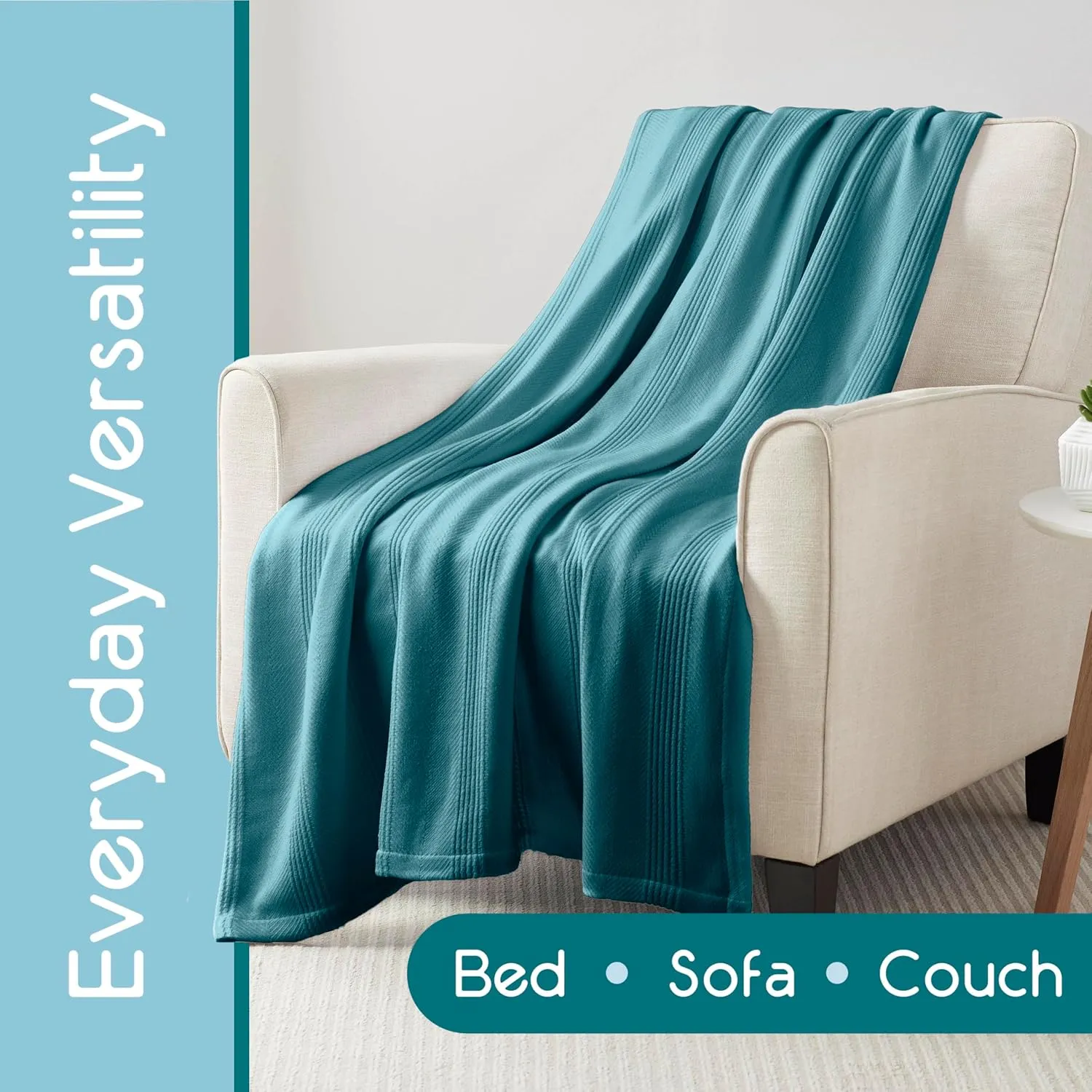 Pacific Blue 100% Cotton Twin Size Blanket | Super Soft, Breathable & Lightweight | All-Season Knit Throw Blanket | Versatile Luxury for Hotel or Home | Easy Care, Oeko-Tex Certified