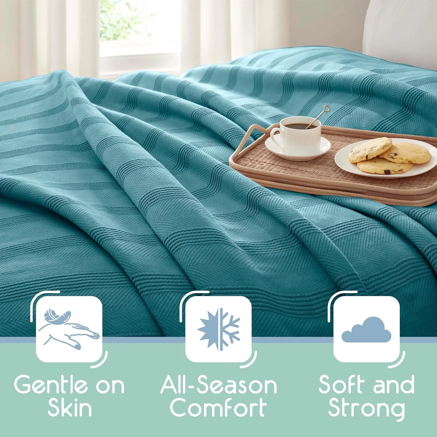 Pacific Blue 100% Cotton Twin Size Blanket | Super Soft, Breathable & Lightweight | All-Season Knit Throw Blanket | Versatile Luxury for Hotel or Home | Easy Care, Oeko-Tex Certified