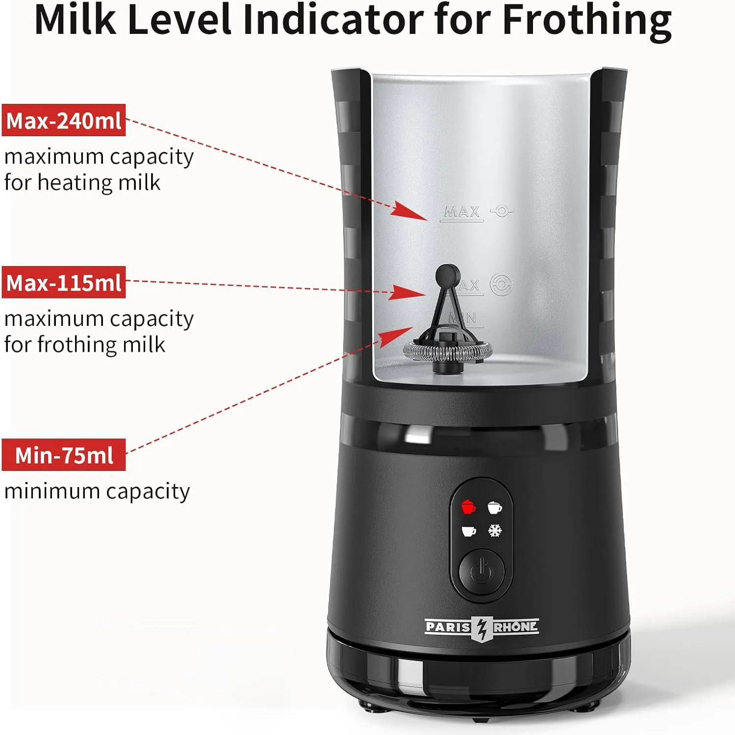 Paris Rhône Milk Frother, 4-in-1 Milk Steamer and Frother, Hot & Cold Foam Milk Warmer with Temperature Control, Auto Shut-Off Frothers for Coffee, Latte, Cappuccino, Macchiato