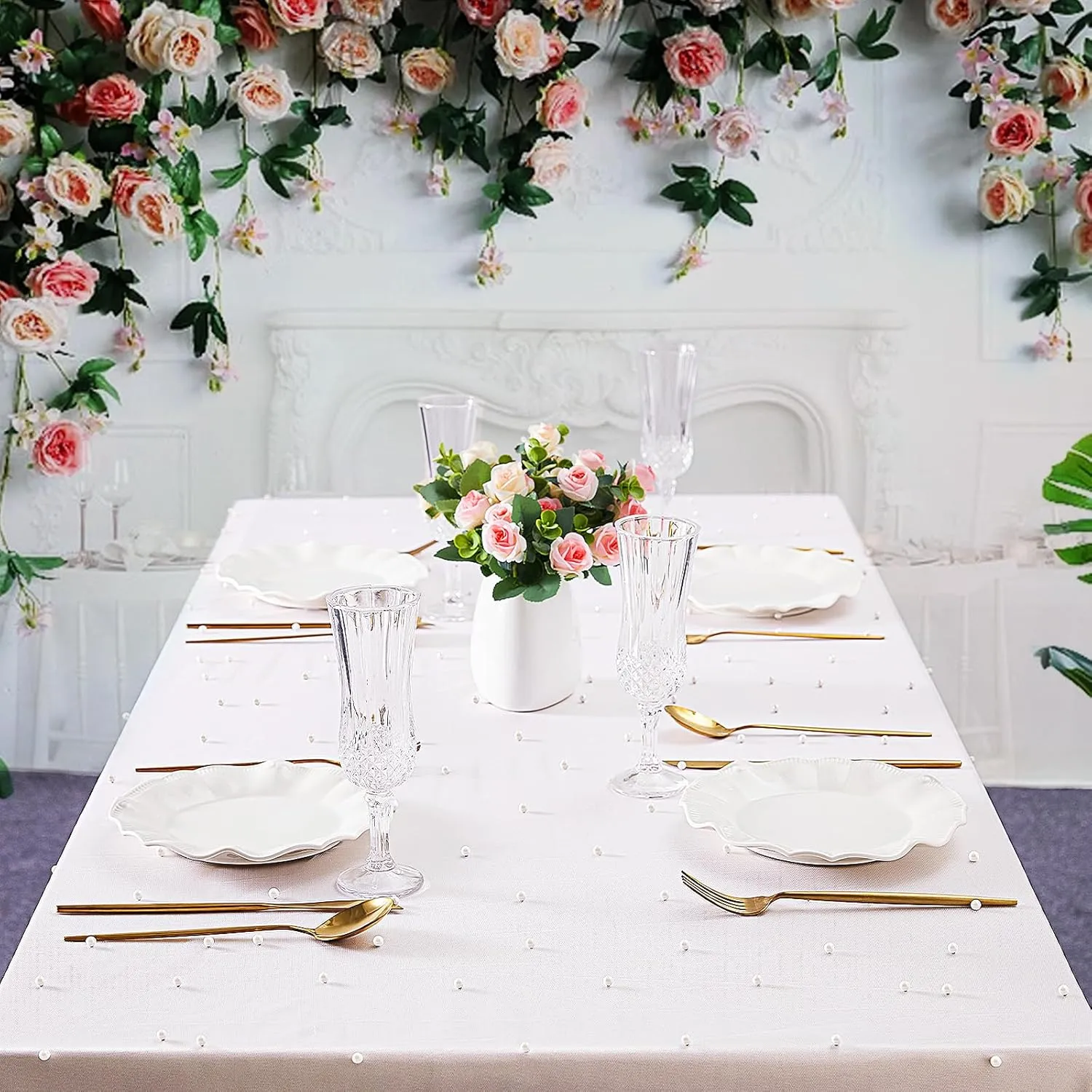 Pearl Tulle Tablecloth White Table Cloth 4 Pieces 60x120 inch Wedding Veil Pearl Sheer Tulle Table Cover Fabrics 10 ft for Wedding Arch Dessert Table Decorations