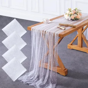 Pearl Tulle Tablecloth White Table Cloth 4 Pieces 60x120 inch Wedding Veil Pearl Sheer Tulle Table Cover Fabrics 10 ft for Wedding Arch Dessert Table Decorations