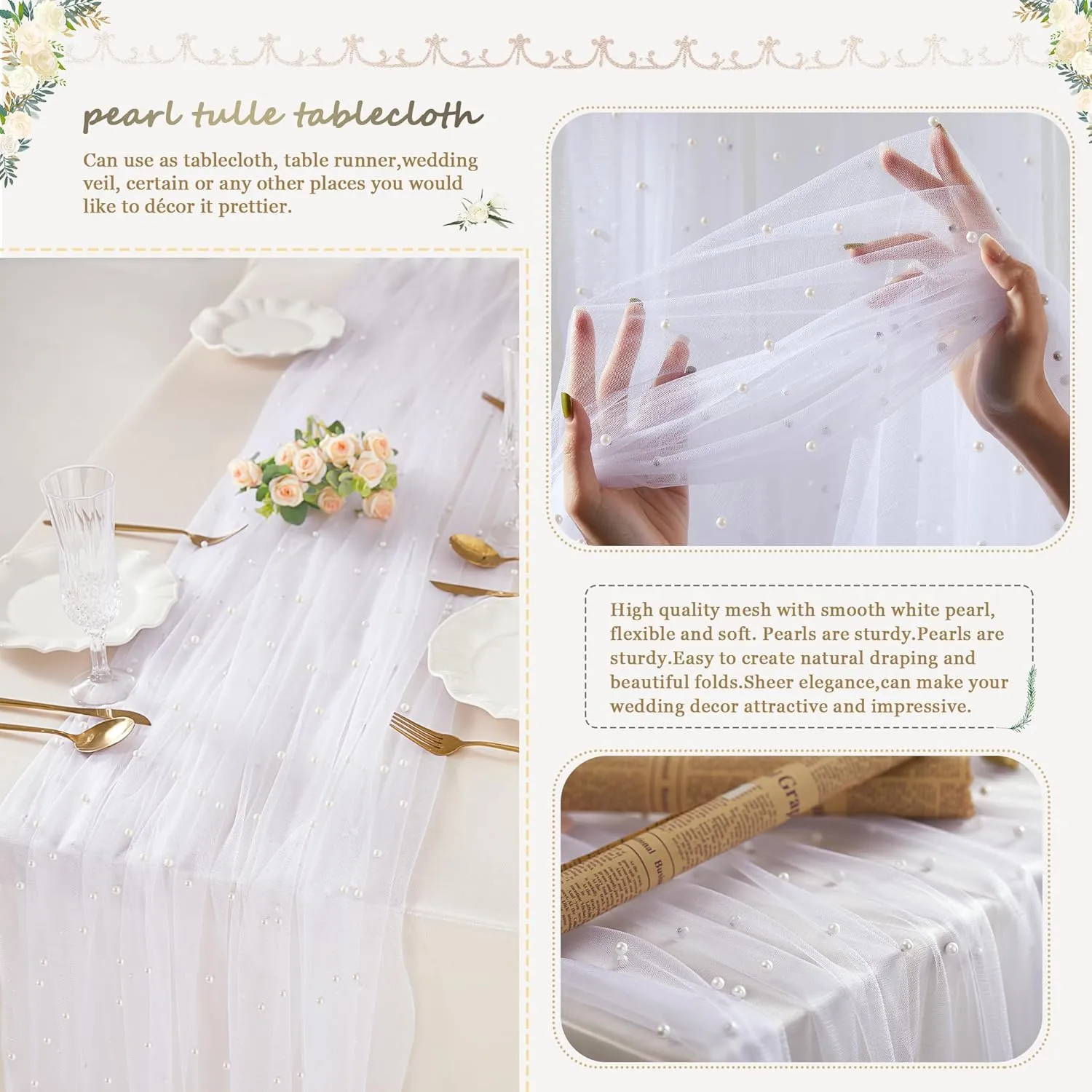 Pearl Tulle Tablecloth White Table Cloth 4 Pieces 60x120 inch Wedding Veil Pearl Sheer Tulle Table Cover Fabrics 10 ft for Wedding Arch Dessert Table Decorations
