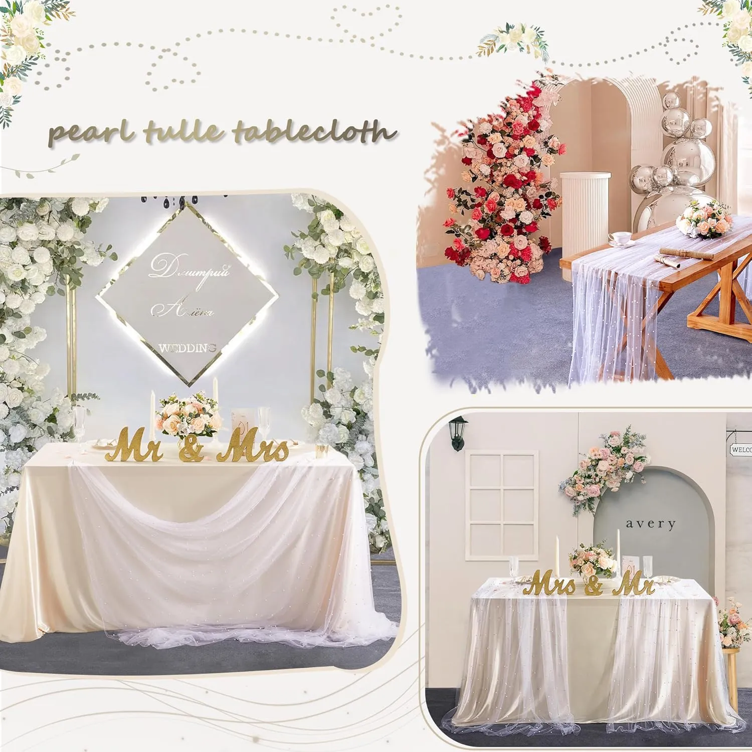 Pearl Tulle Tablecloth White Table Cloth 4 Pieces 60x120 inch Wedding Veil Pearl Sheer Tulle Table Cover Fabrics 10 ft for Wedding Arch Dessert Table Decorations