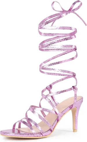 Perphy Snakeskin Print Strappy Lace Up Heeled Over 3 Inch Stiletto Heels Gladiator Sandals for Women
