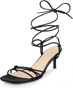 Perphy Strappy Kitten Heel Lace Up Square Toe Strappy Heels Sandals for Women